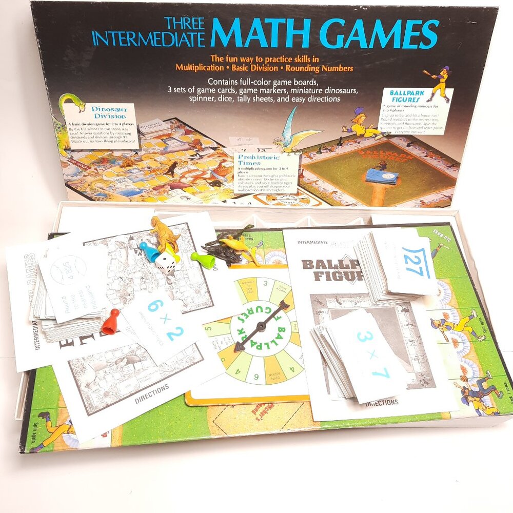 Vintage intermediate math board games Ages 7-12 Multiplication, Division, round